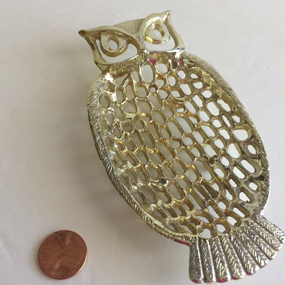 Gold Metal Owl Trinket Jewelry Tray Dish Decor